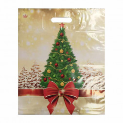 Пакет с вырубной ручкой Ель в гирлянде с бантом 38*47см 60 мкм 50шт
