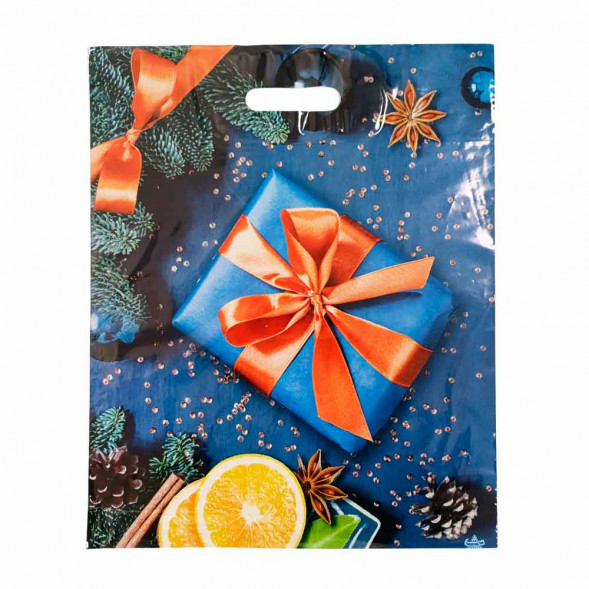 Пакет с вырубной ручкой Подарок в синей коробке 38*47см 60 мкм 50шт