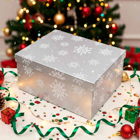 Коробка прямоугольная НГ Снежинка голография серая размер 37*28,5*16,5см