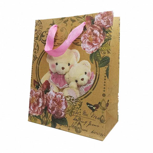 Пакет крафт Мишки с цветами размер 18*23*10см