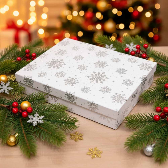 Коробка прямоугольная НГ плоская Серебряные снежинки в 6-ти размерах