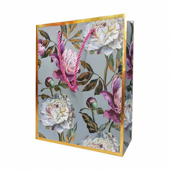 Пакет ЛЮКС Пионы с золотой каемкой размер 18*23*8см