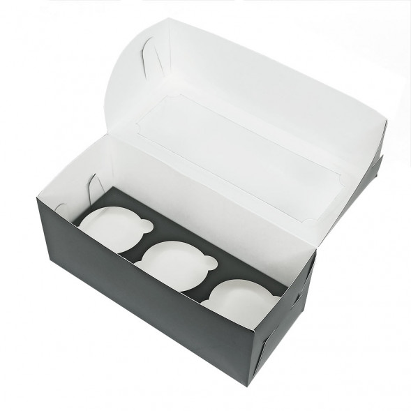 Коробка под капкейки на 3шт с окном черная размер 235*100*100мм