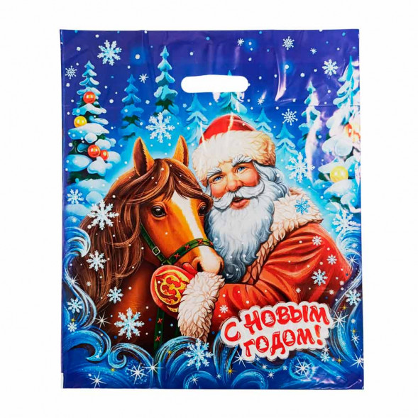 Пакет с вырубной ручкой Дед Мороз с лошадкой 40*47см 45мкм 50шт