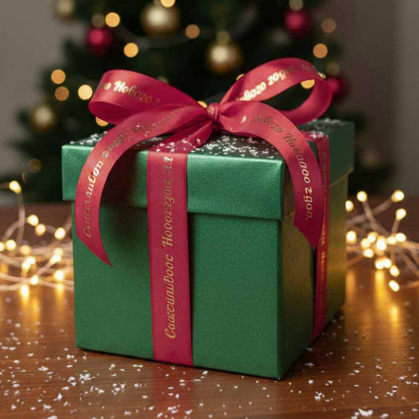 Лента атласная Счастливого Нового года пурпурно-красная размер 2,5см*23м