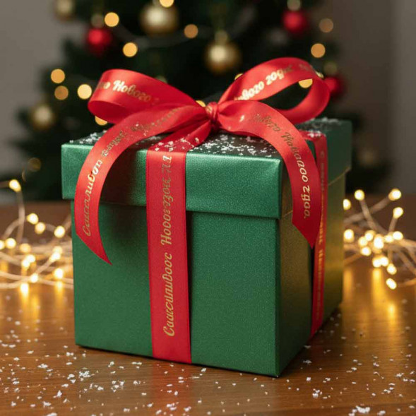 Лента атласная Счастливого Нового года красная размер 2,5см*23м