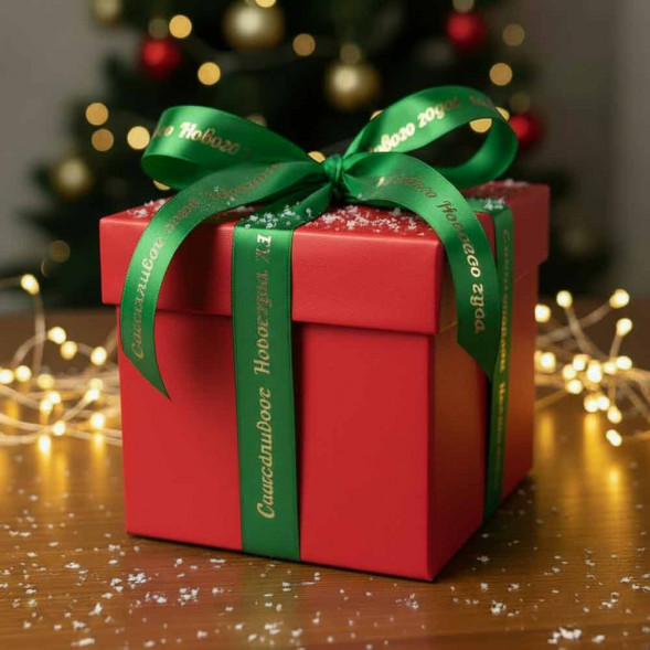 Лента атласная Счастливого Нового года зеленая размер 2,5см*23м