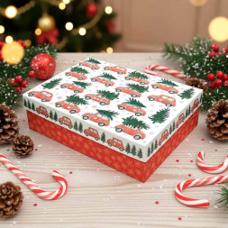 Коробка прямоугольная НГ Автомобиль с елкой размер 29*21*8см