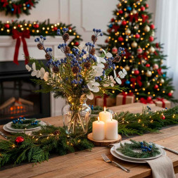 Ветка с синими ягодами и шишками Н-33см