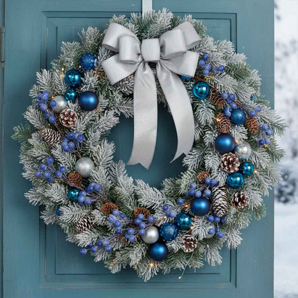 Ветка с синими ягодами и шишками Н-33см