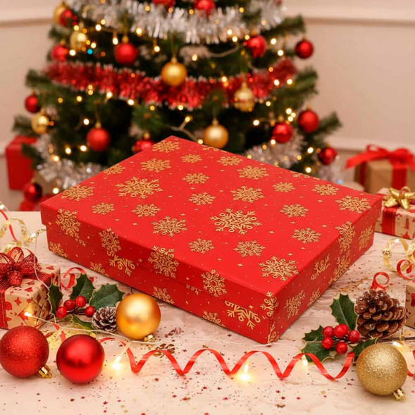 Коробка прямоугольная НГ плоская Золотые снежинки в 10-ти размерах