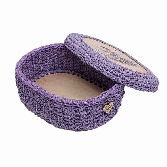 Шкатулка вязаная овальная лавандовая размер 21*16*7см