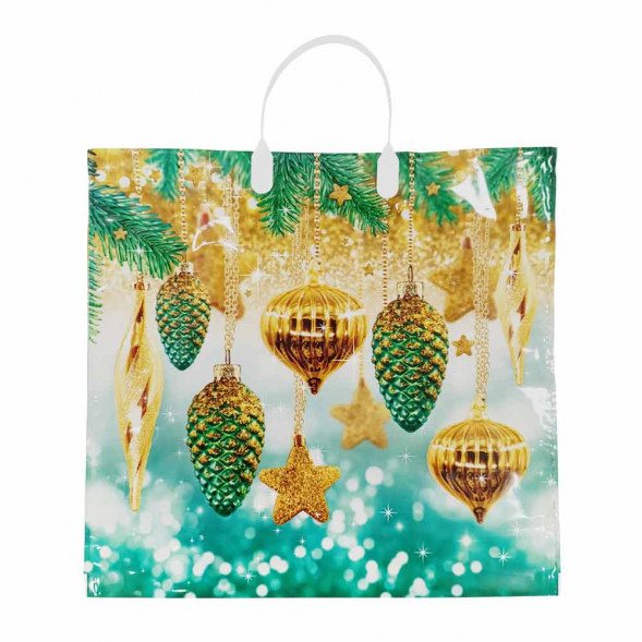 Пакет с пластмассовыми ручками Золотые шары и шишки размер 36*40см 10шт