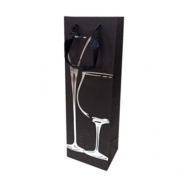 Пакет под бутылку ЛЮКС Черный с метал рисунком размер 12*36*9см 