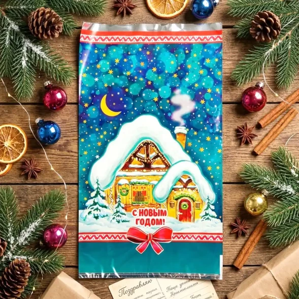 Пакет фольга Домик под снегом 20*35см уп 100шт