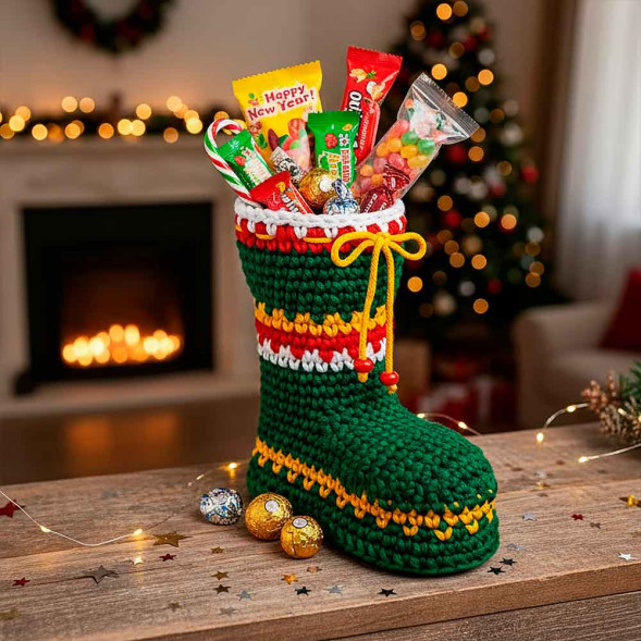 Сапожок новогодний вязаный зеленый H-20см
