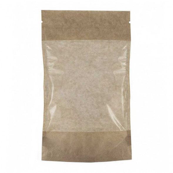 Дой-пак бумажный крафт с окном с замком zip-lock 140*225+(40+40) уп 10шт