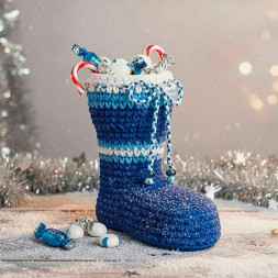 Сапожок новогодний вязаный синий H-20см