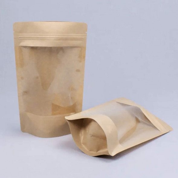 Дой-пак бумажный крафт с окном с замком zip-lock 150*240+(40+40) 140мм уп 10шт