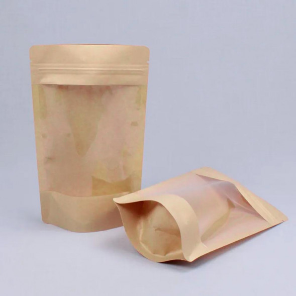 Дой-пак бумажный крафт с окном с замком zip-lock 100*185+(30+30) 70мм уп 10шт