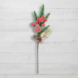 Ветка декор новогодний с заснеженными ягодами и шишками Н-40см