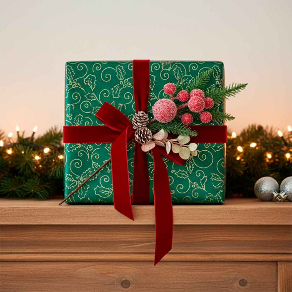 Ветка декор новогодний с заснеженными ягодами и шишками Н-40см